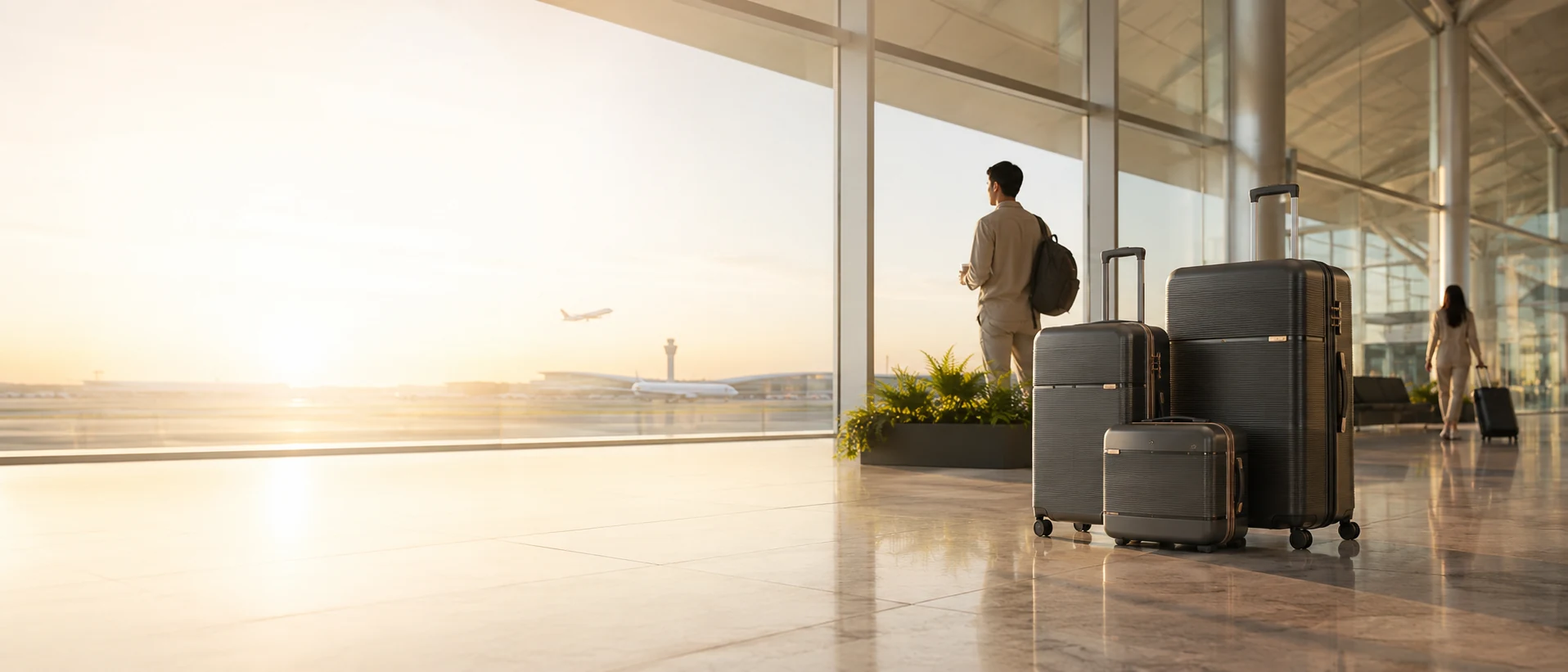 KIYO luggage and travellers in a bright airport terminal