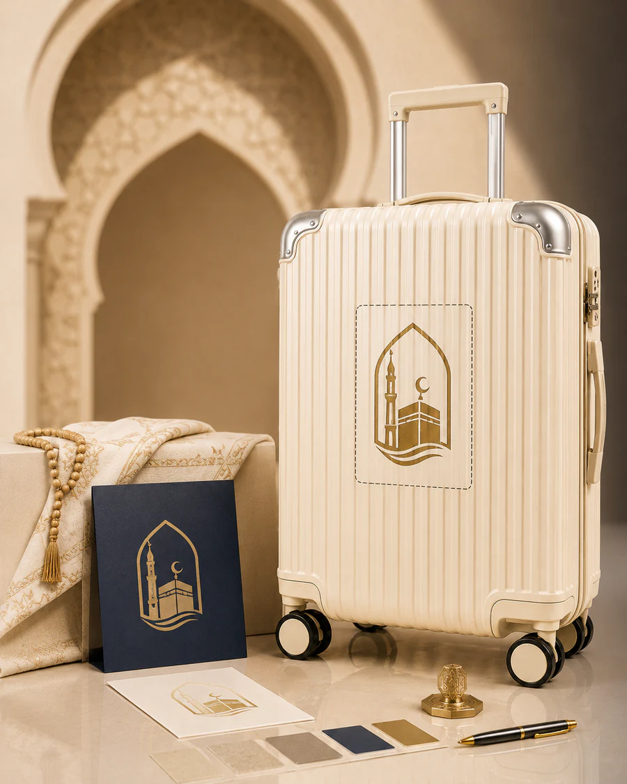 Cream UMRAH luggage with custom agency branding presentation
